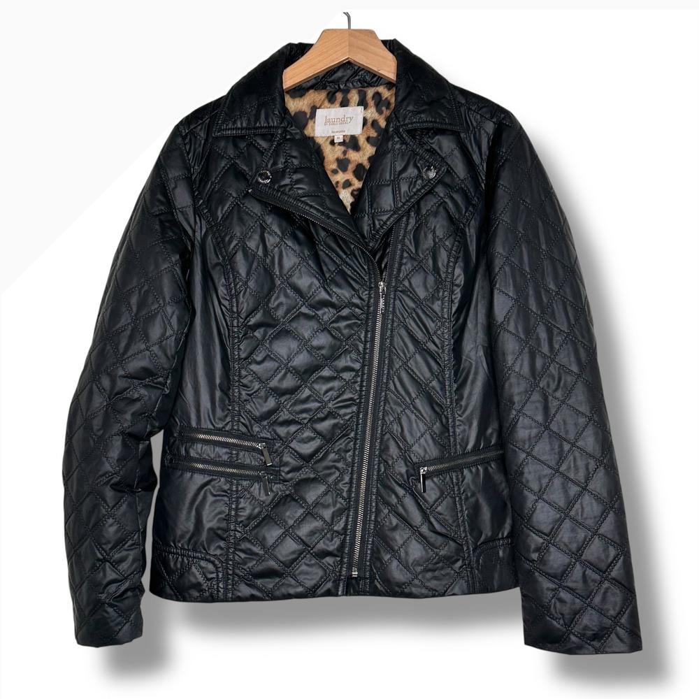 Laundry by Shelli Segal Black Quilted Moto Jacket Leopard Print Lining women's M